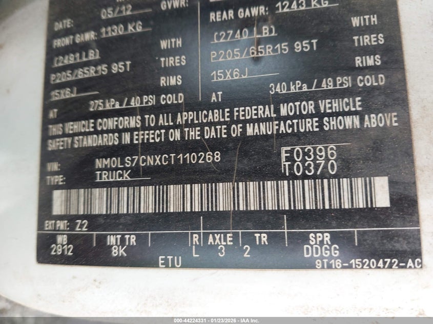 2012 Ford Transit Connect Xl VIN: NM0LS7CNXCT110268 Lot: 44224331