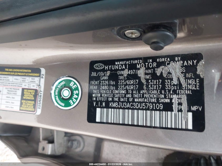 2013 Hyundai Tucson Gls VIN: KM8JU3AC3DU579109 Lot: 44224450