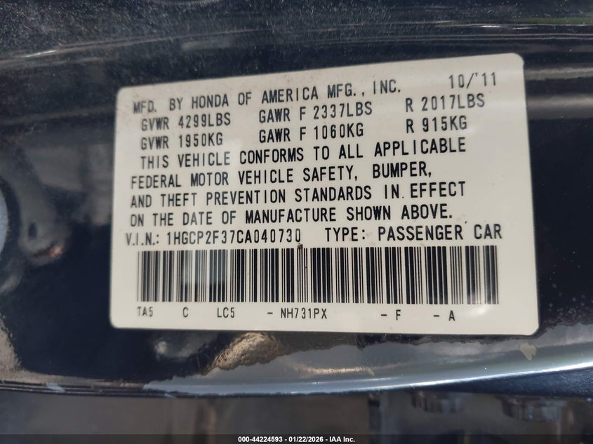 2012 Honda Accord 2.4 2.4 Lx Black Lot 111044224593 Vin 1HGCP2F37CA040730