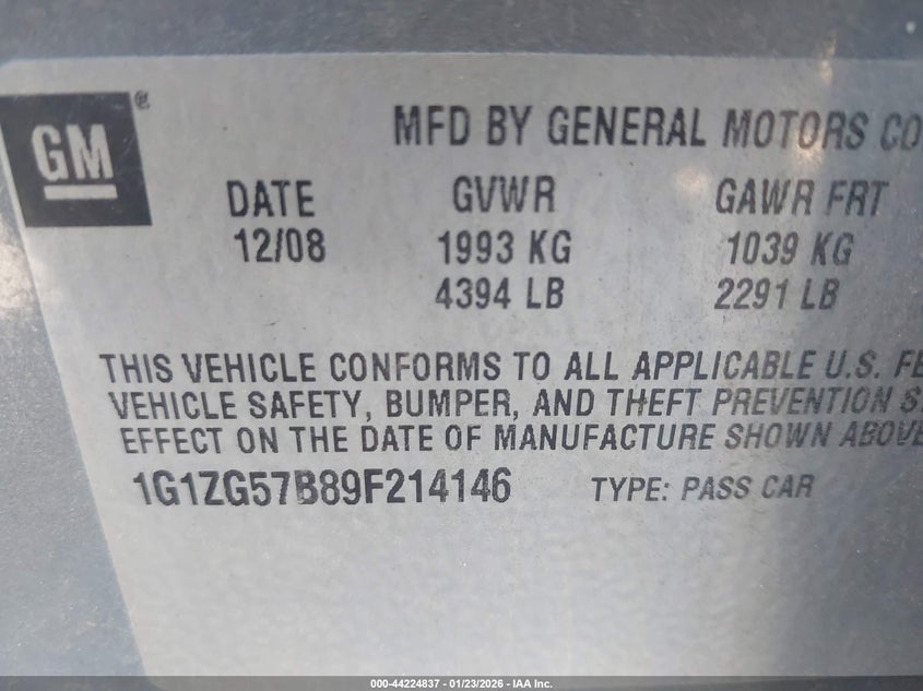 2009 Chevrolet Malibu Ls VIN: 1G1ZG57B89F214146 Lot: 44224837