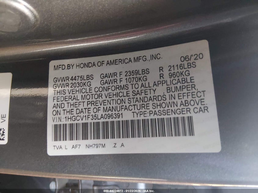 VIN 1HGCV1F35LA096391 2020 HONDA ACCORD SPORT