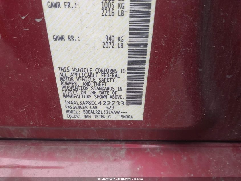 2014 Nissan Altima 2.5/2.5 S/2.5 Sl/2.5 Sv VIN: 1N4AL3AP8EC422733 Lot: 44225402