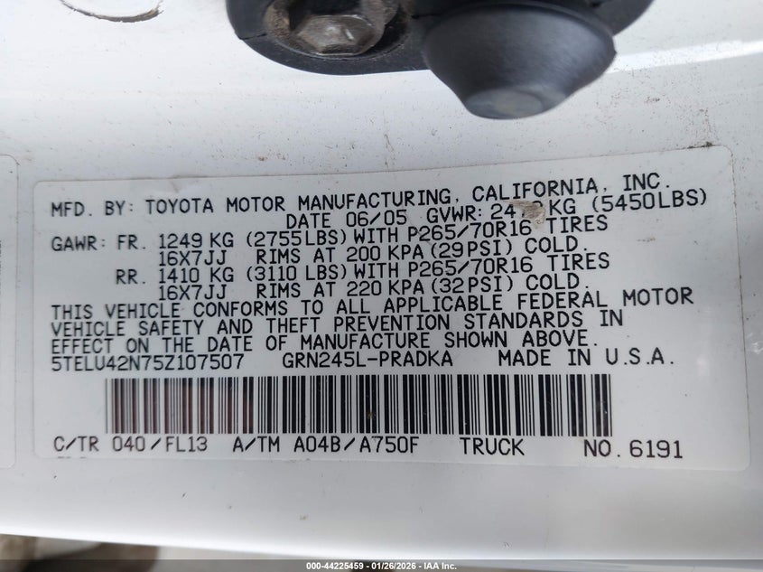 2005 Toyota Tacoma Base V6 VIN: 5TELU42N75Z107507 Lot: 44225459