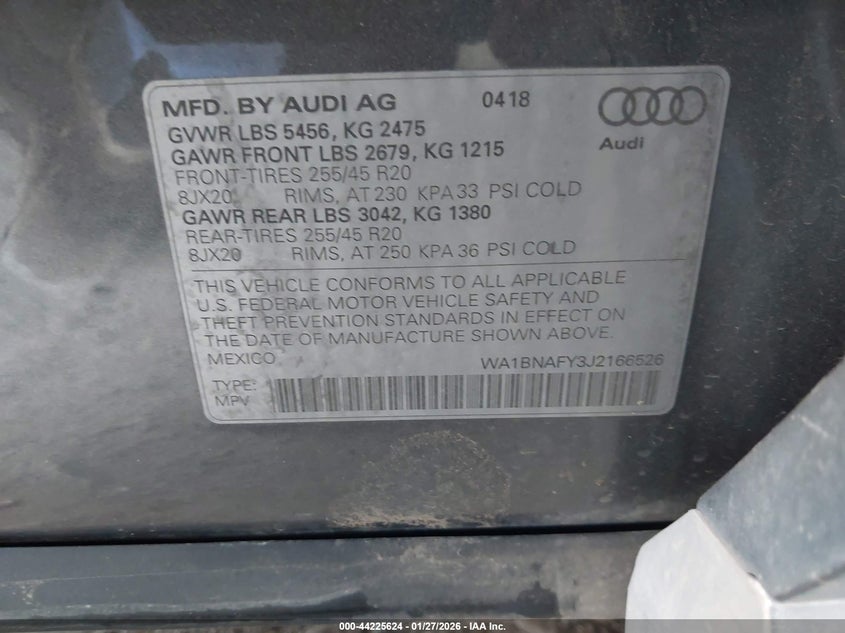 2018 Audi Q5 2.0T Premium/2.0T Tech Premium VIN: WA1BNAFY3J2166526 Lot: 44225624