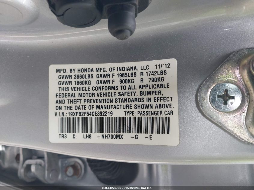 2012 Honda Civic Lx VIN: 19XFB2F54CE392219 Lot: 44225705
