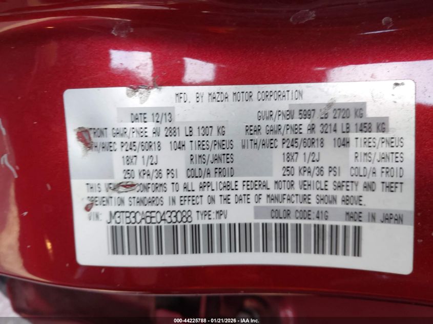 2014 Mazda Cx-9 Touring VIN: JM3TB3CA6E0433088 Lot: 44225788