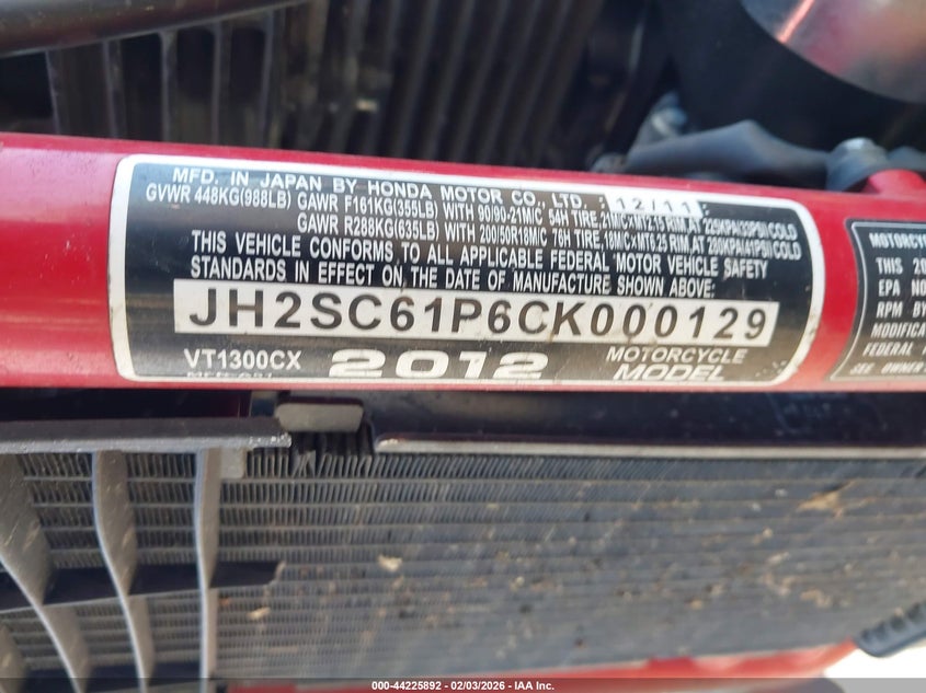 2012 Honda Vt1300 Cx VIN: JH2SC61P6CK000129 Lot: 44225892