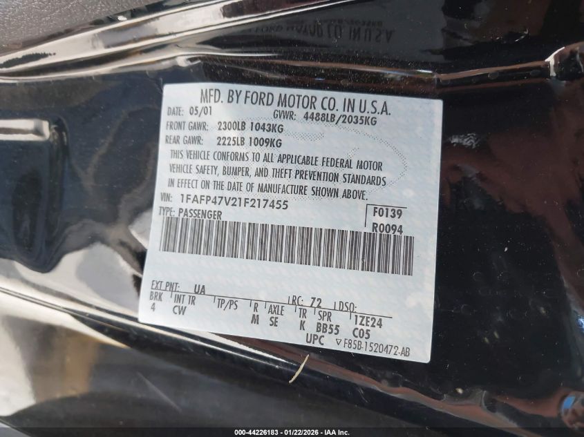 2001 Ford Mustang Cobra VIN: 1FAFP47V21F217455 Lot: 44226183