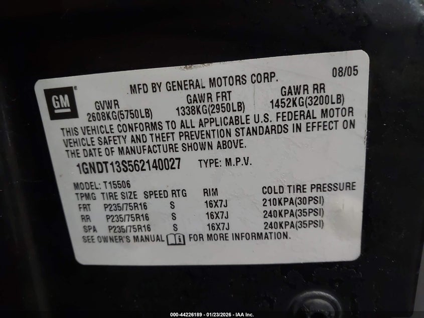 2006 Chevrolet Trailblazer Ls VIN: 1GNDT13S562140027 Lot: 44226189