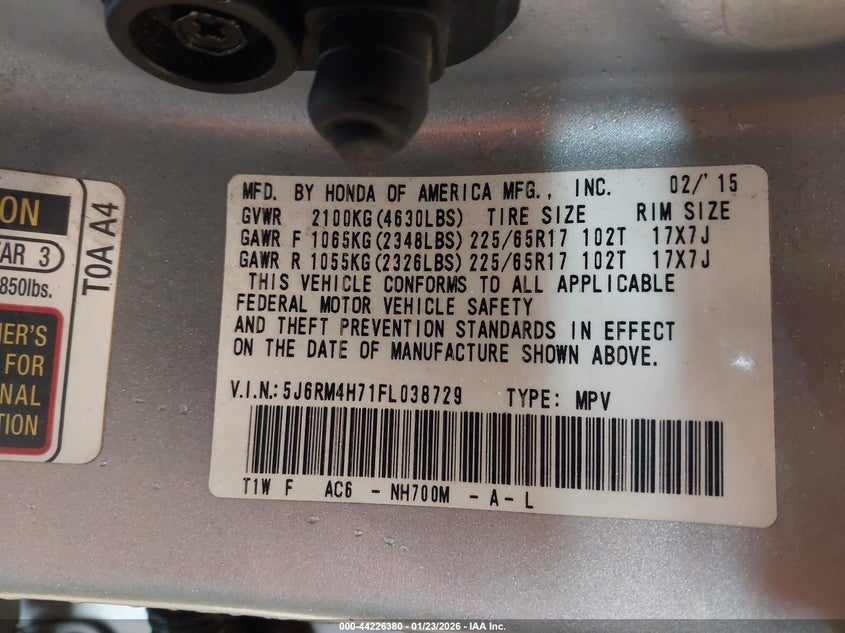 2015 Honda Cr-V Ex-L VIN: 5J6RM4H71FL038729 Lot: 44226380