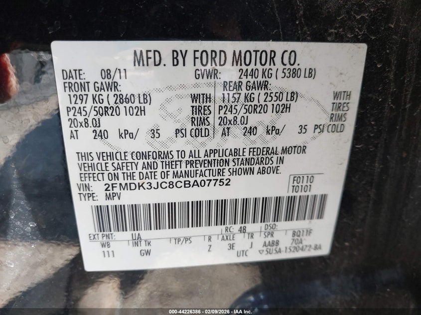 2012 Ford Edge 3.5 Sel black Lot 111044226386 Vin 2FMDK3JC8CBA07752
