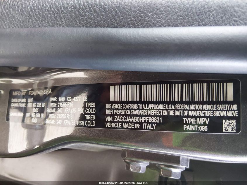 2017 Jeep Renegade Sport Fwd VIN: ZACCJAAB0HPF86821 Lot: 44226791