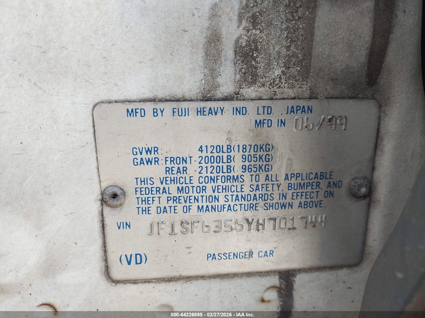2000 Subaru Forester L VIN: JF1SF6356YH701744 Lot: 44226895