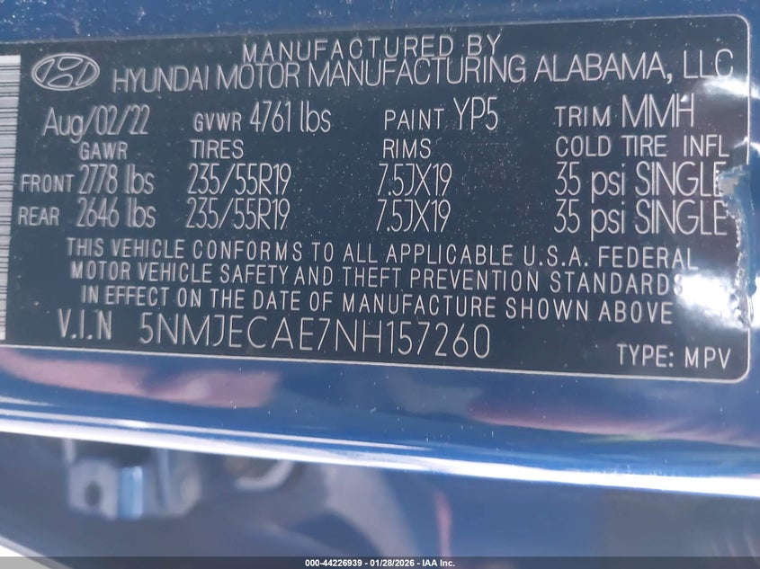 VIN 5NMJECAE7NH157260 2022 HYUNDAI TUCSON LIMITED