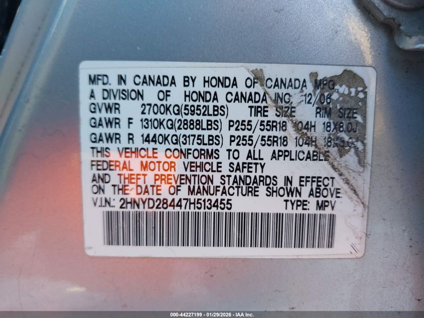2007 Acura Mdx Technology Package VIN: 2HNYD28447H513455 Lot: 44227199
