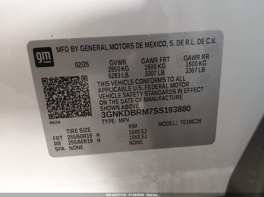 2025 Chevrolet Blazer Ev Lt Fwd VIN: 3GNKDBRM7SS193880 Lot: 44227316