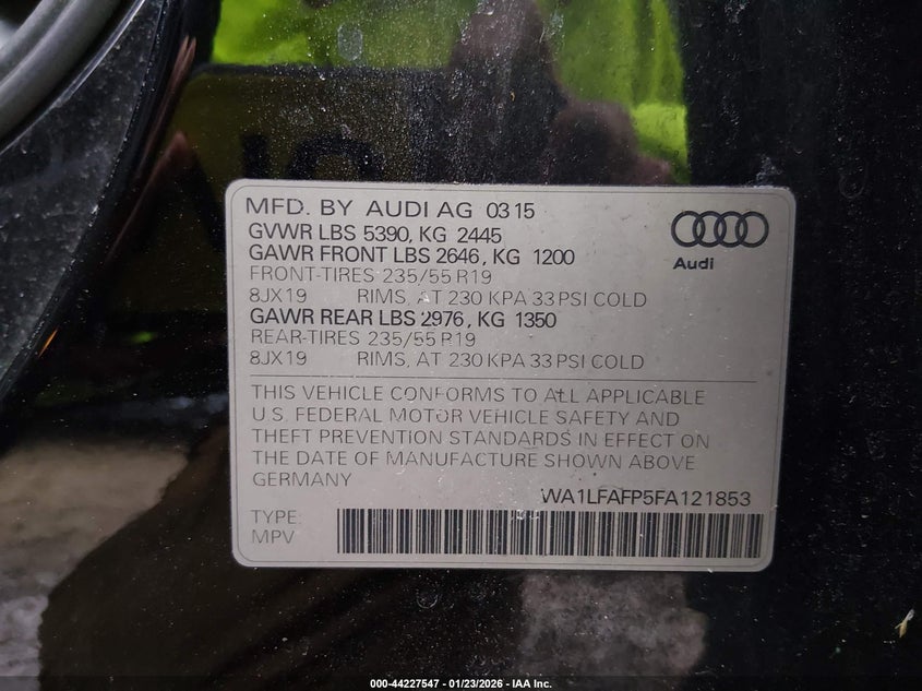 2015 Audi Q5 2.0T Premium VIN: WA1LFAFP5FA121853 Lot: 44227547
