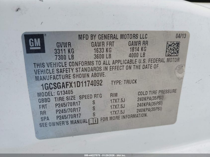 2013 Chevrolet Express 1500 Work Van VIN: 1GCSGAFX1D1174092 Lot: 44227578