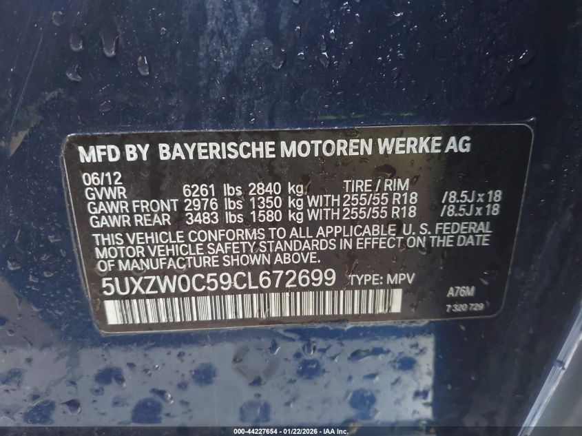 2012 BMW X5 xDrive35D VIN: 5UXZW0C59CL672699 Lot: 44227654