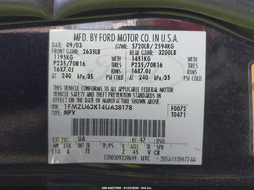 2004 Ford Explorer Xlt VIN: 1FMZU63K14UA38178 Lot: 44227899