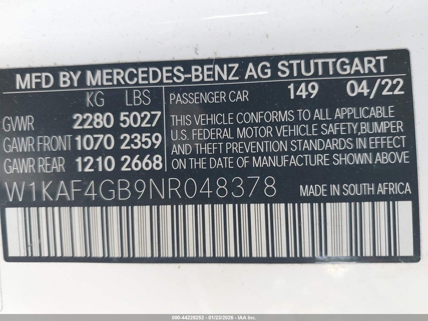 2022 Mercedes-Benz C 300 Sedan VIN: W1KAF4GB9NR048378 Lot: 44228252