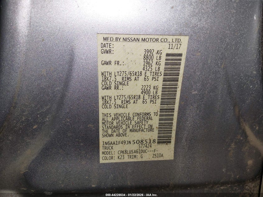 2018 Nissan Titan Xd Pro-4X Gas VIN: 1N6AA1F49JN508518 Lot: 44228534