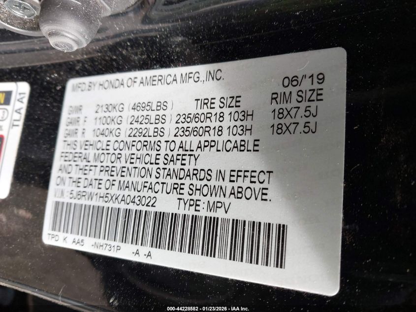 2019 Honda Cr-V Ex VIN: 5J6RW1H5XKA043022 Lot: 44228582