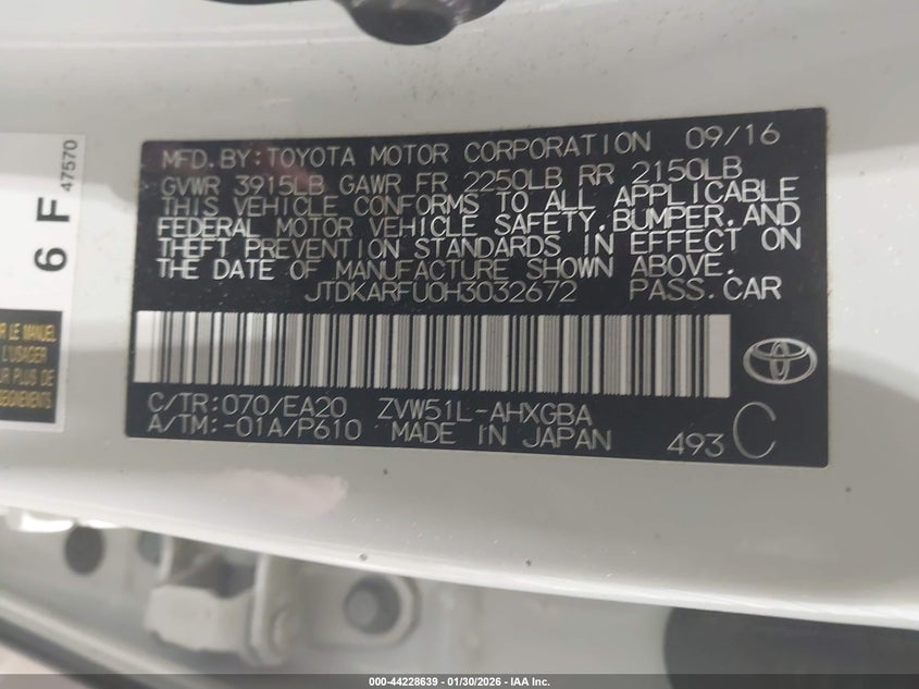 2017 Toyota Prius Four VIN: JTDKARFU0H3032672 Lot: 44228639