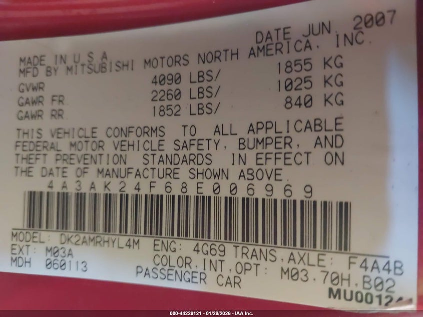 2008 Mitsubishi Eclipse Gs VIN: 4A3AK24F68E006969 Lot: 44229121