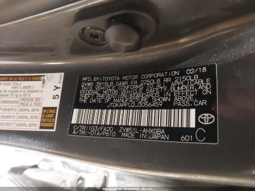 2018 Toyota Prius Three VIN: JTDKARFU2J3056459 Lot: 44229159