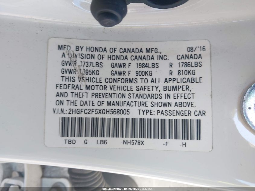2016 Honda Civic Lx VIN: 2HGFC2F5XGH568005 Lot: 44229162