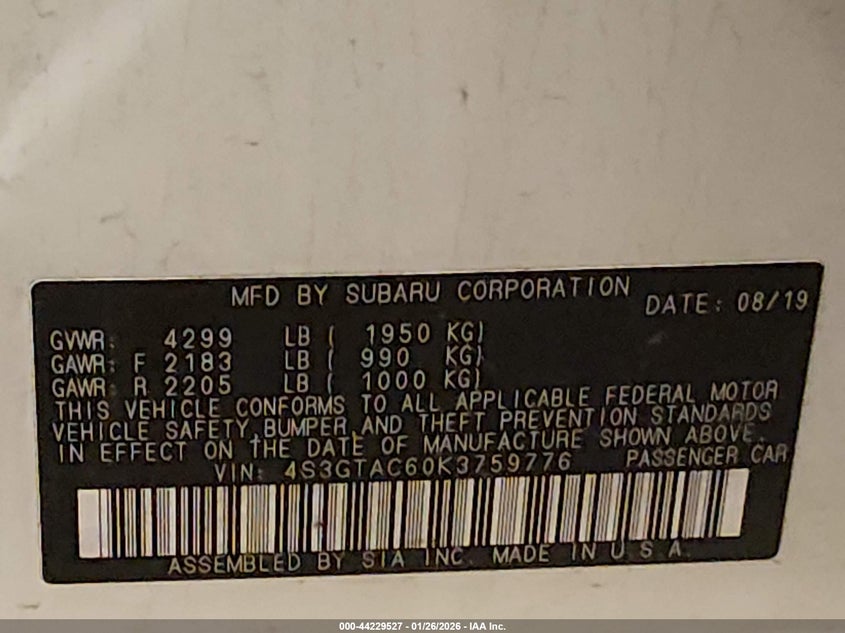VIN 4S3GTAC60K3759776 2019 SUBARU IMPREZA 2.0I PREMIUM