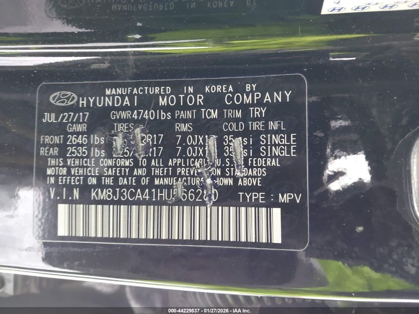 2017 Hyundai Tucson Se VIN: KM8J3CA41HU566280 Lot: 44229537