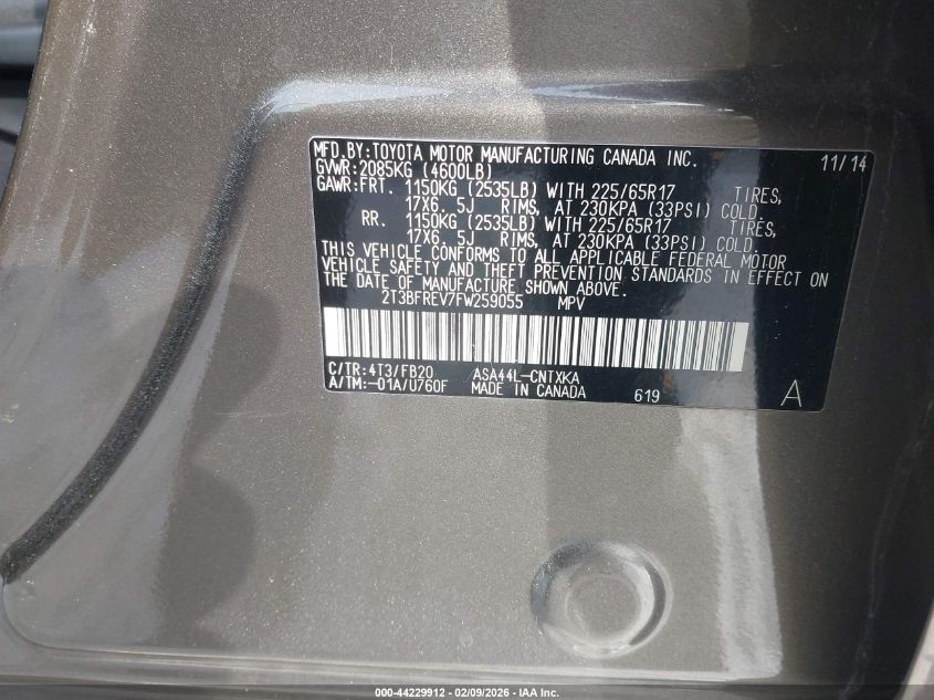 2015 Toyota Rav4 Le VIN: 2T3BFREV7FW259055 Lot: 44229912