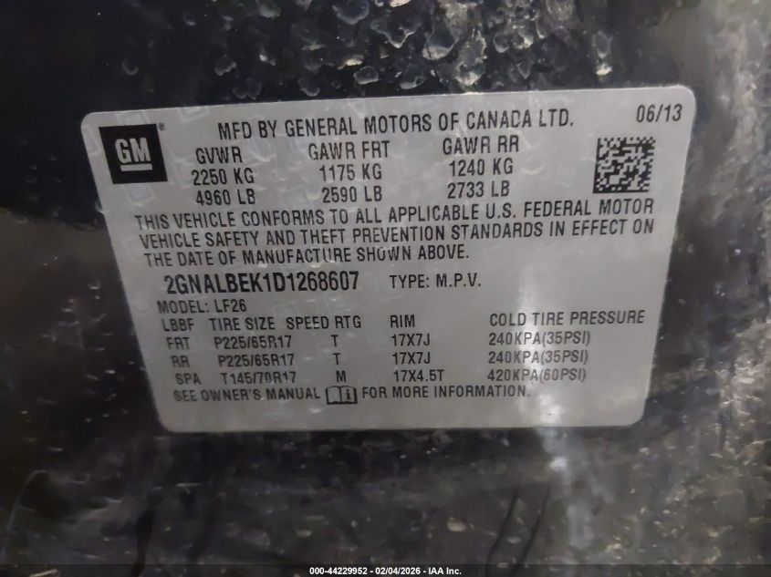 2013 Chevrolet Equinox Ls VIN: 2GNALBEK1D1268607 Lot: 44229952