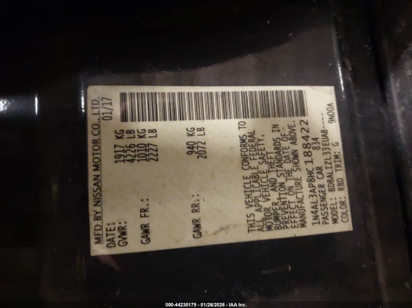 2017 Nissan Altima 2.5 Sv VIN: 1N4AL3AP8HC188422 Lot: 44230179