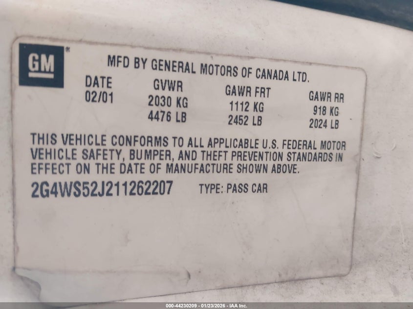 2001 Buick Century Custom VIN: 2G4WS52J211262207 Lot: 44230209