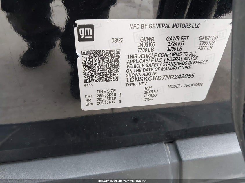 2022 Chevrolet Suburban 4Wd Lt VIN: 1GNSKCKD7NR242055 Lot: 44230279