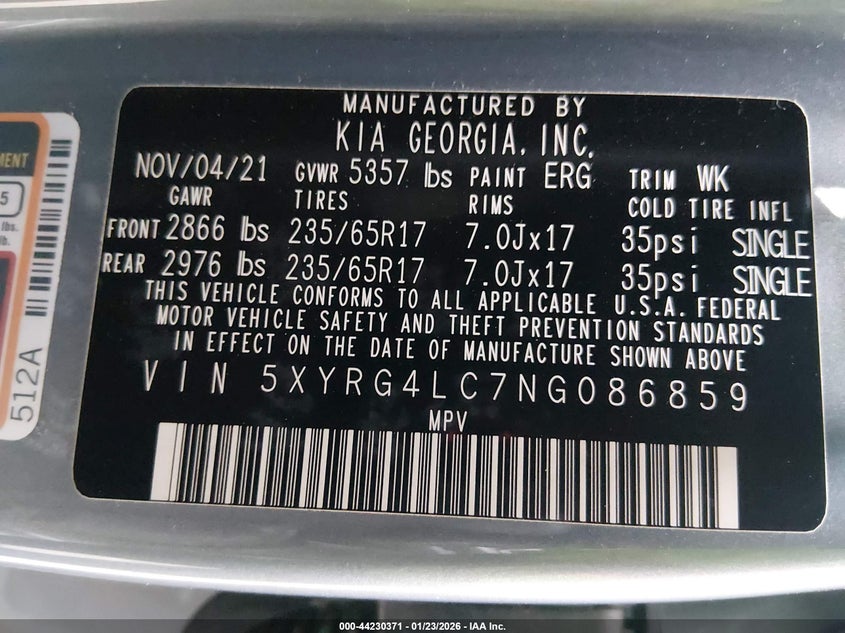 2022 Kia Sorento Lx VIN: 5XYRG4LC7NG086859 Lot: 44230371