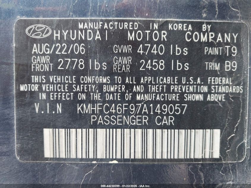 2007 Hyundai Azera Limited/Se VIN: KMHFC46F97A149057 Lot: 44230399