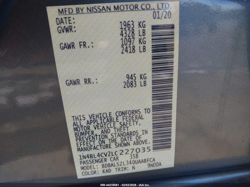 VIN 1N4BL4CV2LC227035 2020 NISSAN ALTIMA SR FWD