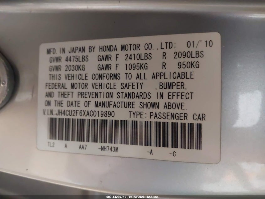 2010 Acura Tsx 2.4 VIN: JH4CU2F6XAC019890 Lot: 44230719