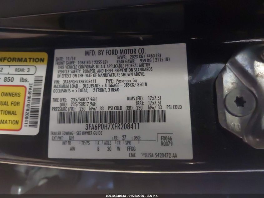 2015 Ford Fusion Se VIN: 3FA6P0H7XFR208411 Lot: 44230733