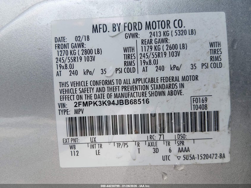 VIN 2FMPK3K94JBB68516 2018 FORD EDGE TITANIUM