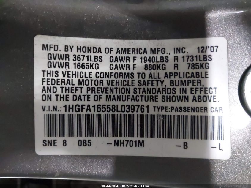 2008 Honda Civic Lx VIN: 1HGFA16558L039761 Lot: 44230847