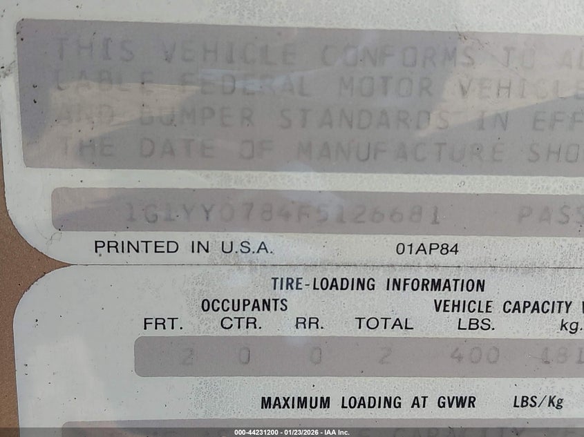1985 Chevrolet Corvette VIN: 1G1YY0784F5126681 Lot: 44231200