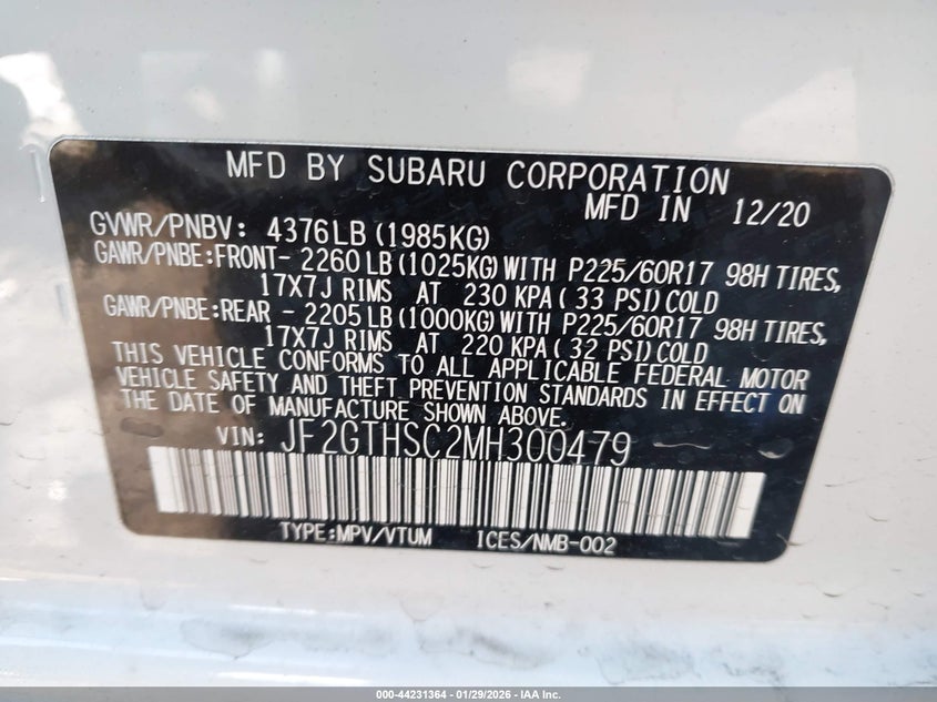 2021 Subaru Crosstrek Sport VIN: JF2GTHSC2MH300479 Lot: 44231364