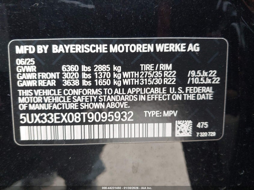 2026 BMW X6 xDrive40I VIN: 5UX33EX08T9095932 Lot: 44231450