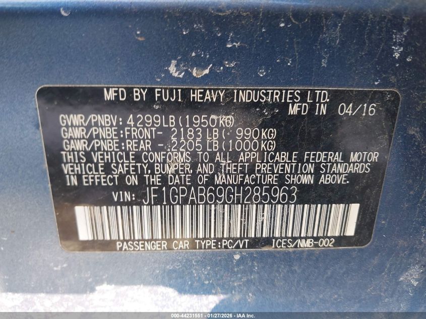 2016 Subaru Impreza 2.0I Premium VIN: JF1GPAB69GH285963 Lot: 44231551
