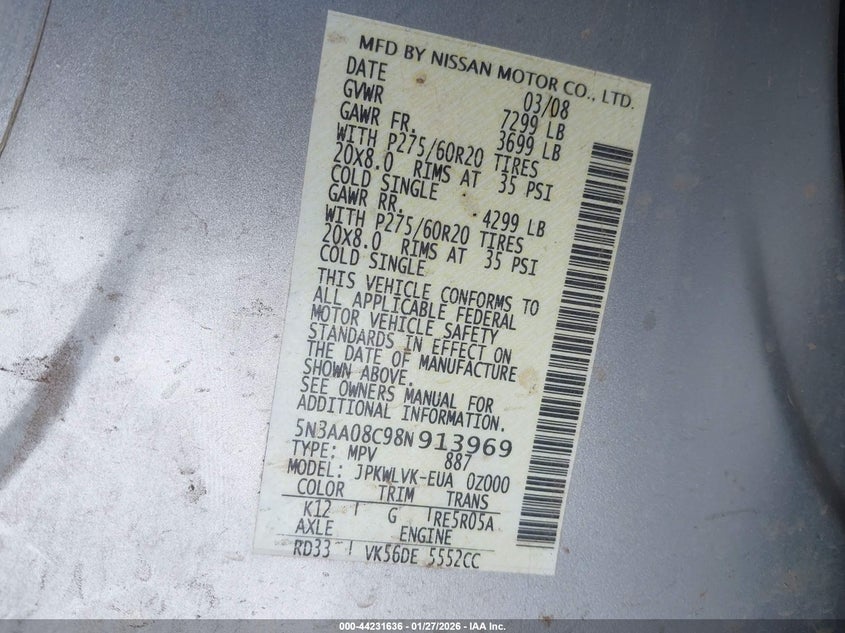 2008 Infiniti Qx56 VIN: 5N3AA08C98N913969 Lot: 44231636